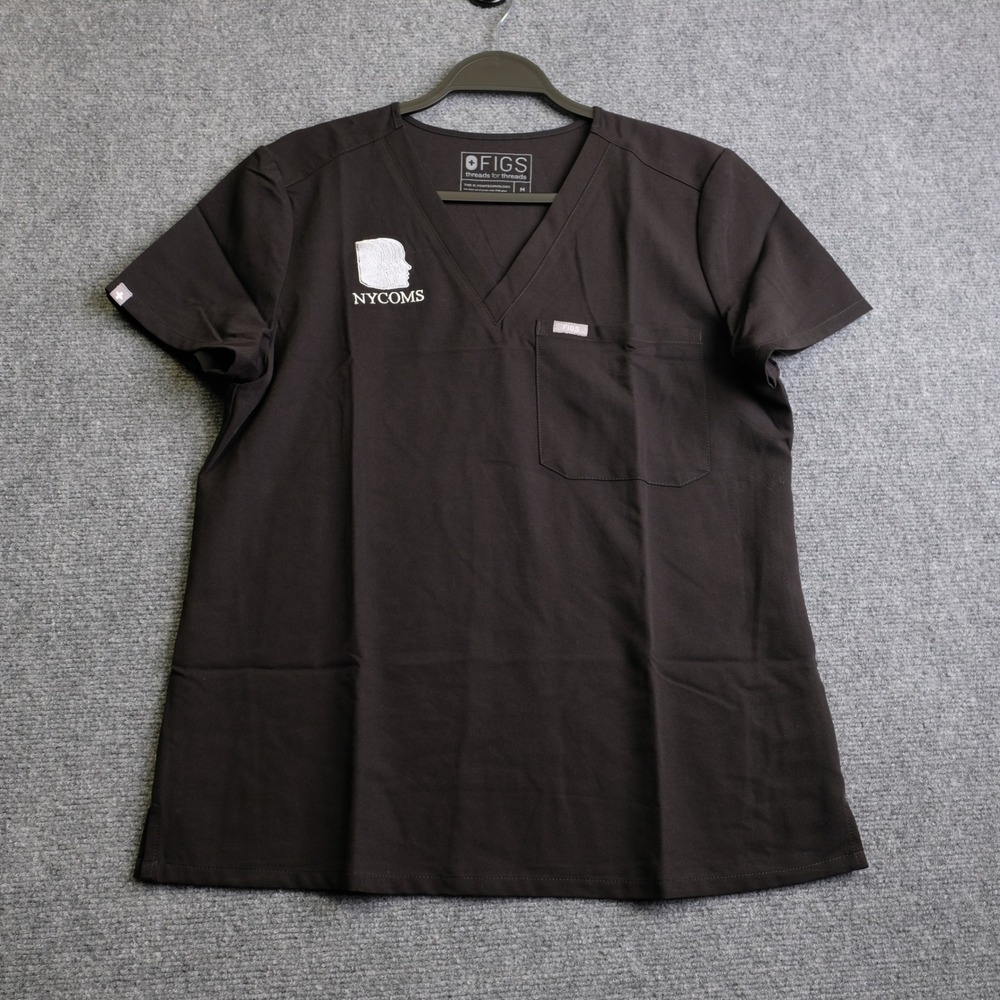 FIGS Casma Scrub Top Womens Medium Black NYCOMS Embroidered V-Neck FW1000